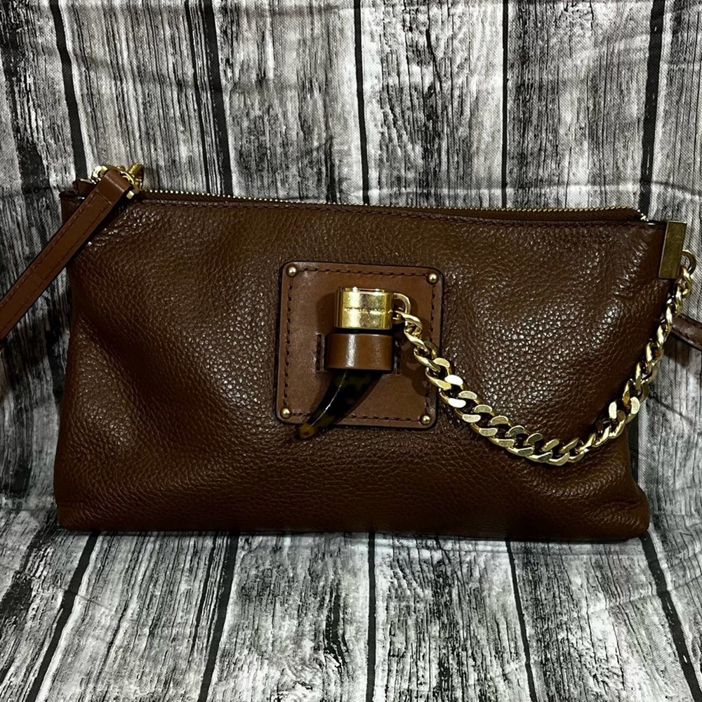 Michael Kors James Pebble Leather Clutch Crossbody Handbag Tortoise Detail